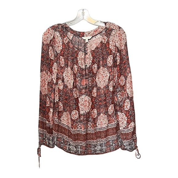 Lucky Brand Long Sleeve Printed Blouse Medium Brick Red Tie Cuff Lightweight Top - Picture 1 of 7
